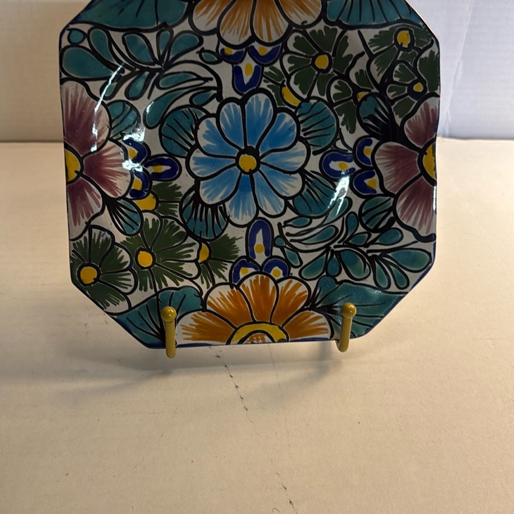 Mexican Floral Ceramic Plate with Multicolor Design